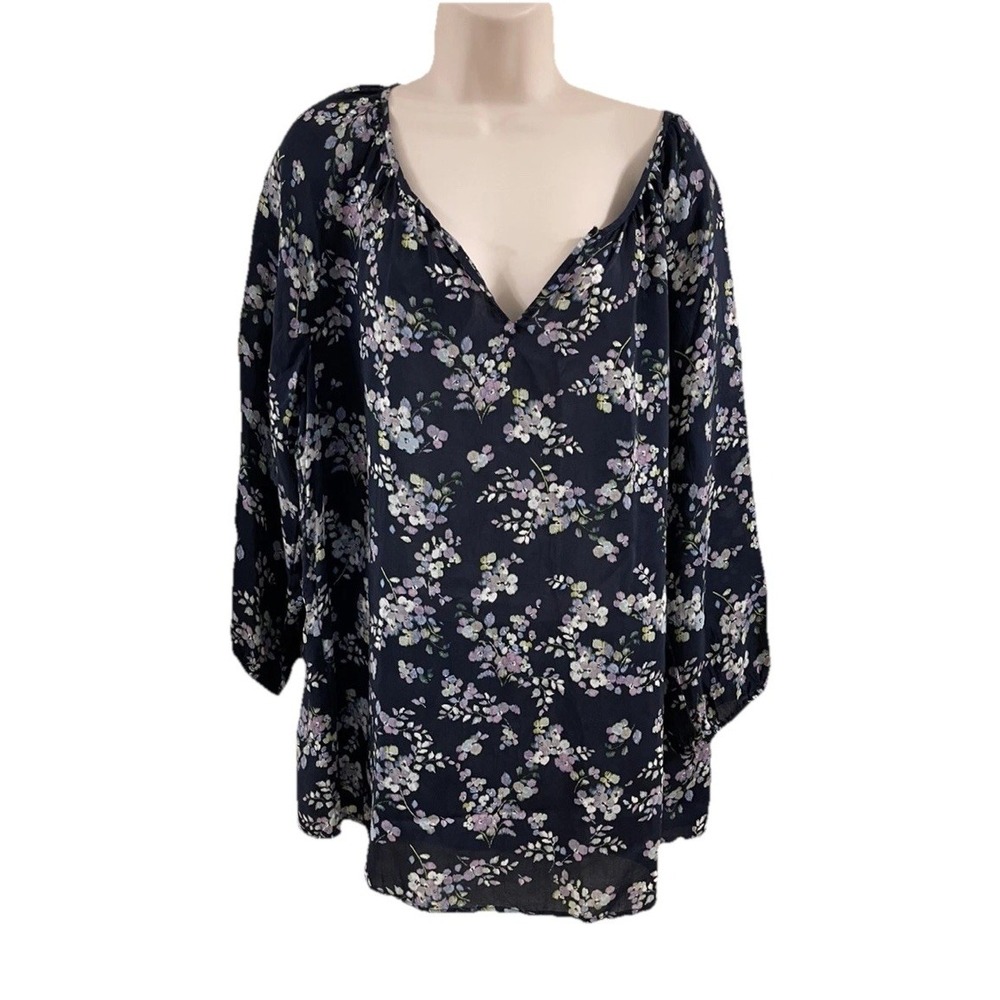 J. Jill Blue Floral Peasant Top Large Blouse Blue V Neck Tassels Career Romantic